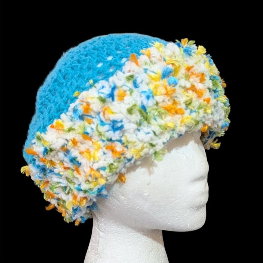 Vintage Handmade Crochet Beanie Teal Blue w/ Multi Fuzzy Trim - 11" Width‎ boho